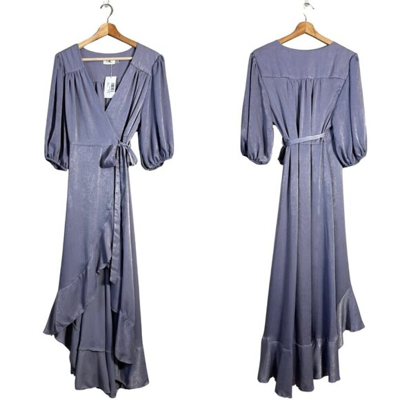 Flounce London Maternity Satin Puff Sleeve Wrap Maxi Dress Women's 12 Purple NWT - Picture 3 of 16